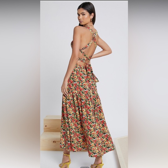 SHEIN Red Floral Lace Up Tie Back Maxi Dress Medium - Picture 4 of 7